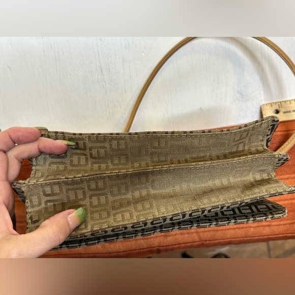 Vintage 90s Brown Monogram Shoulder Bag Jacquard Fabric Small Baguette Purse - Picture 6 of 10